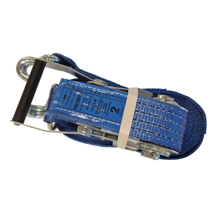 Sangle d'arrimage bleu ou rouge 50 mm de 9 m avec rachet en deux parties équipées de crochets Sangle d'arrimage bleu ou rouge 50 mm de 9 m avec rachet en deux parties équipées de crochets